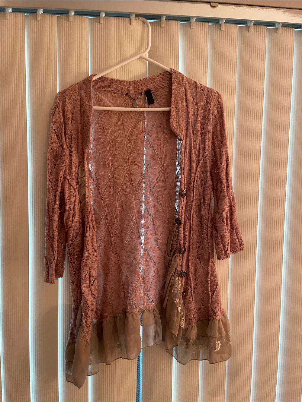 BKE Dusty Rose Open-Knit Cardigan with Ruffle Hem